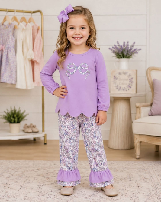 RTS NO MOQ（In Stock) GLP3019 Embroidered Flower and Bow Pattern Purple Long-Sleeve and Pants Set