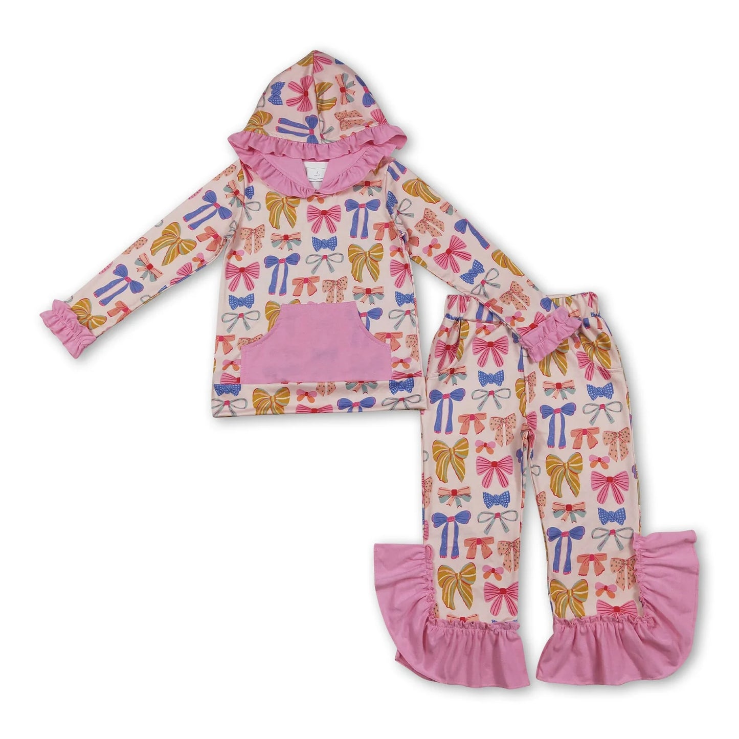 RTS NO MOQ Sibling milk silk Baby Girls Cute Hood Ruffle Top Bell Bottom Pants Clothes Set