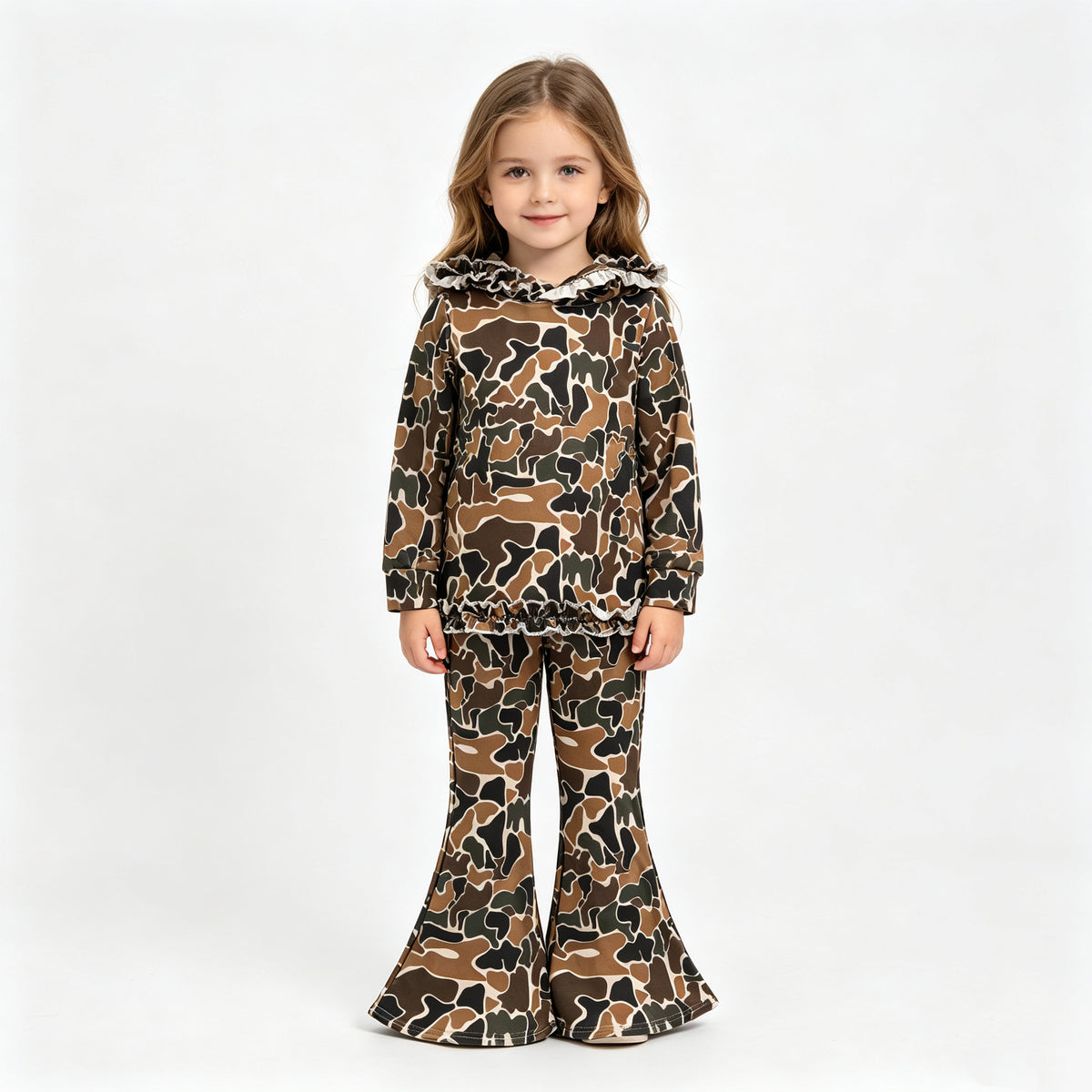 (Sample) No moq milk silk GLP3078 Baby Girls Dark Brown Camo Ruffle Hoodies Bell Bottom Pants Clothes Sets