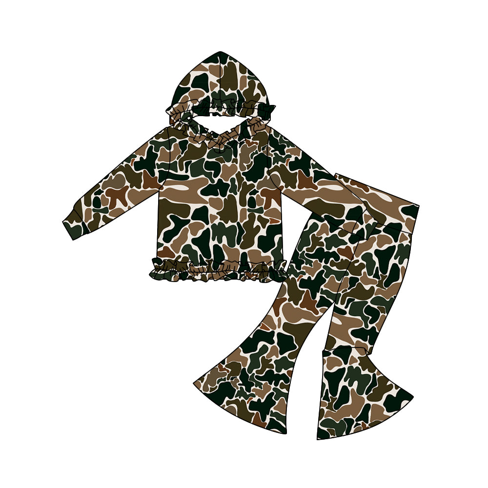 (Preorder new) No moq GLP3078 Baby Girls Dark Brown Camo Ruffle Hoodies Bell Bottom Pants Clothes Sets