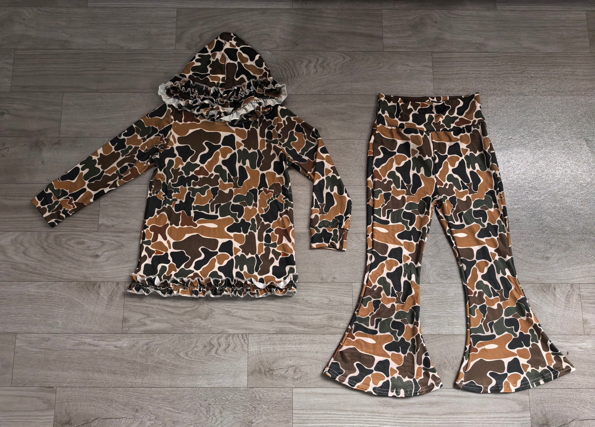 (Sample) No moq milk silk GLP3078 Baby Girls Dark Brown Camo Ruffle Hoodies Bell Bottom Pants Clothes Sets