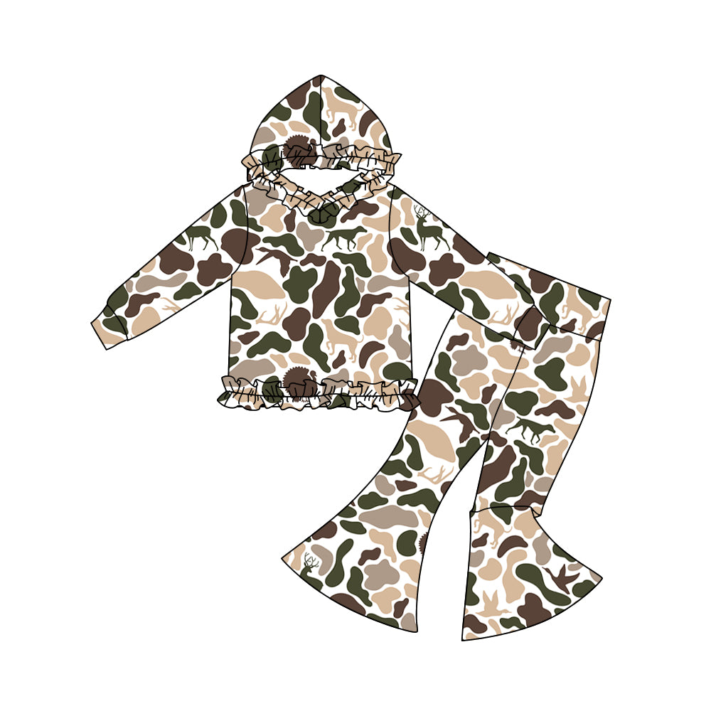 (Preorder new) No moq GLP3079 Baby Girls Ducks Deer Camo Ruffle Hoodies Bell Bottom Pants Clothes Sets