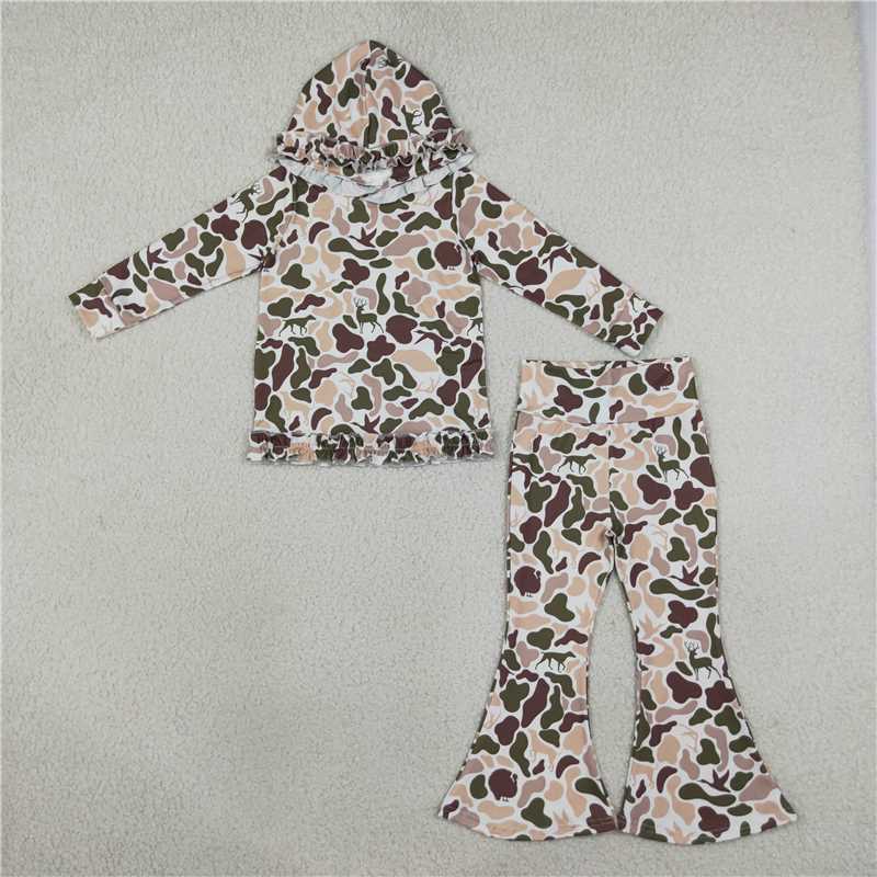 RTS NO MOQ Sibling milk silk Baby Girls Camo Deer Print Ruffle Hooded Top Bell Bottom Pants Clothes Set