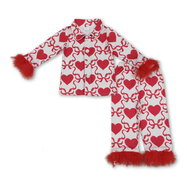 RTS Sibling Baby Girls Sister Christmas Bows Santa Buttons Top Pants Fur Pajamas Clothes Sets
