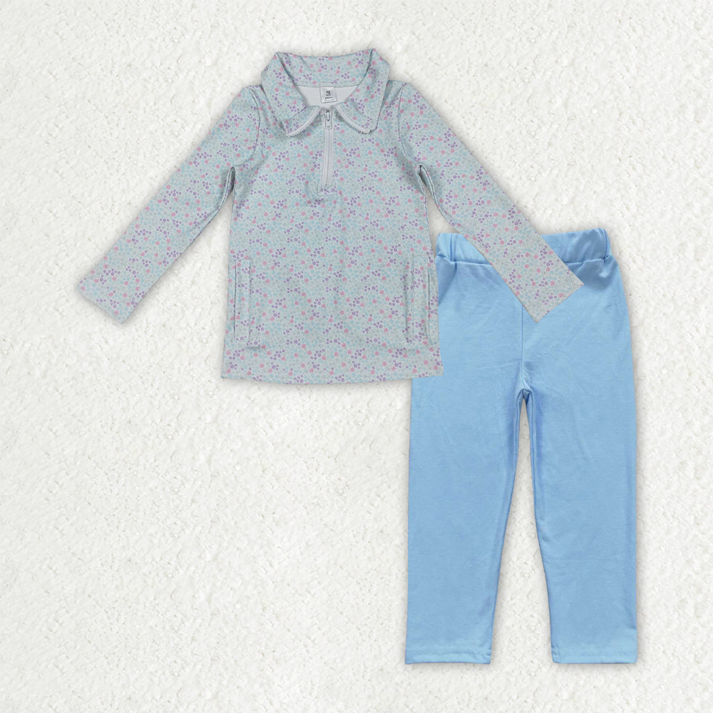 RTS NO MOQ（In Stock) Pink long-sleeved zip-up yoga top with floral, leaf, and bow pattern Pants set