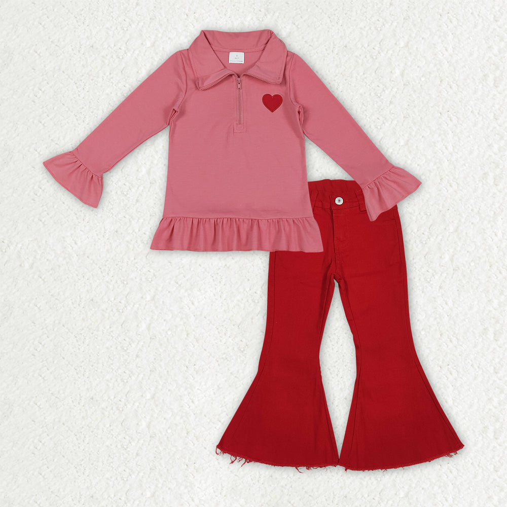 RTS NO MOQ（In Stock) Embroidered Red Heart Pink Lace Zipper Long-Sleeved Top Jeans set-GLP3265