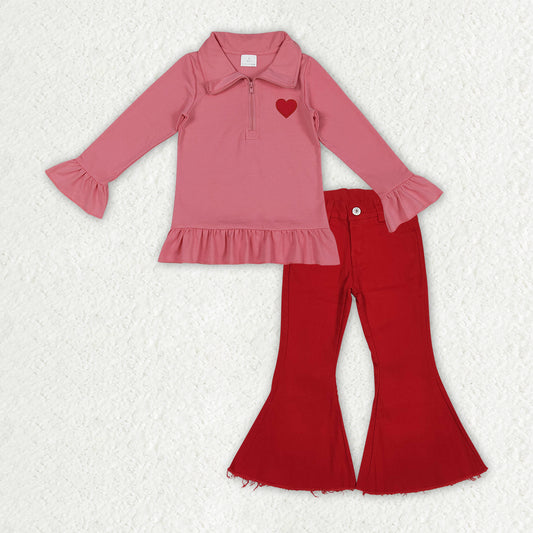 RTS NO MOQ（In Stock) Embroidered Red Heart Pink Lace Zipper Long-Sleeved Top Jeans set-GLP3265
