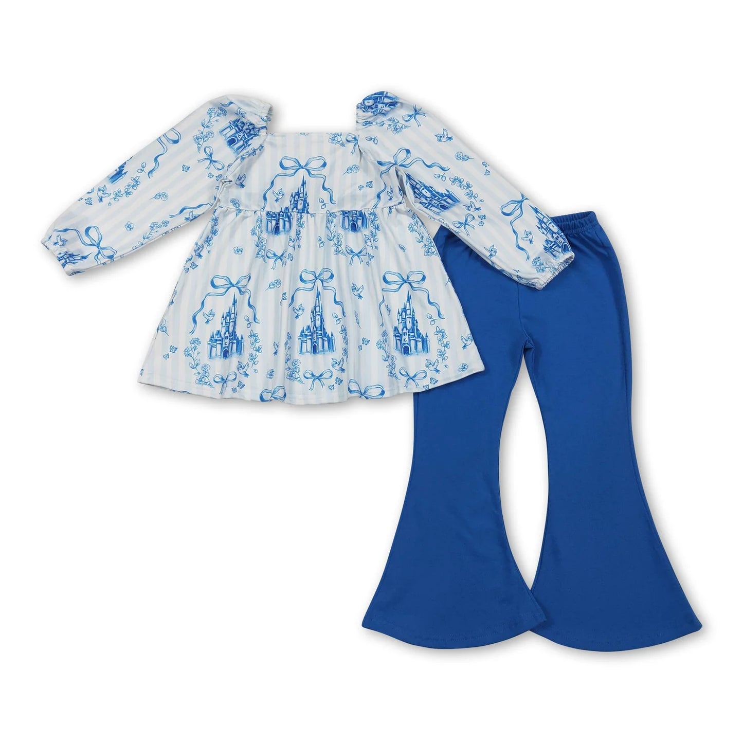 RTS NO MOQ Sibling milk silk Baby Girls Blue Stripe Bow Print Ruffle Tunic Top Bell Bottom Pants Set Dress Rompers