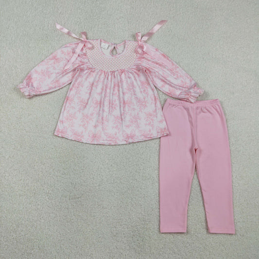 RTS NO MOQ GLP3285 Baby Girls Embroidered Checked Tunic with Pink Flowers Matching Legging Pants 2-Piece Outfit Set