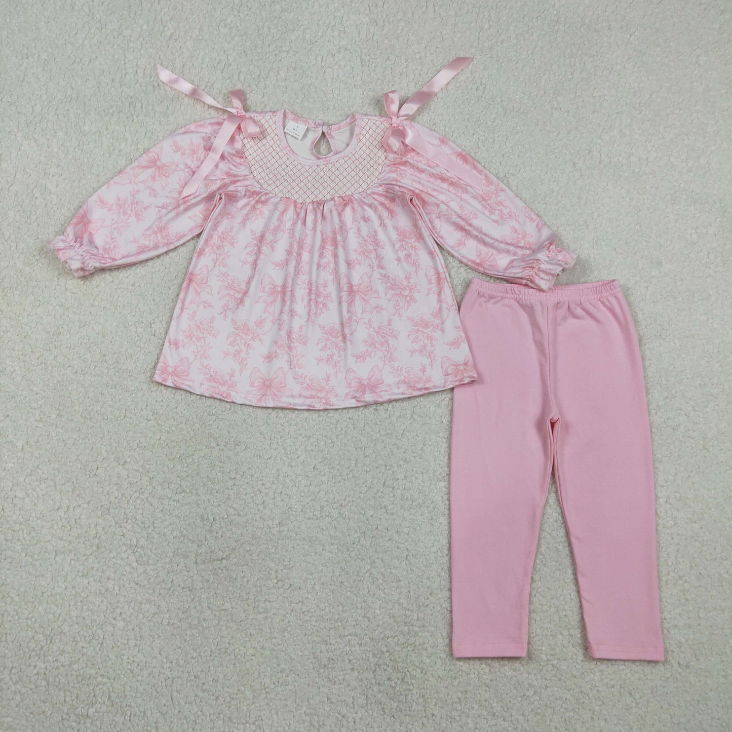 RTS NO MOQ Sibling Baby Girls Smocked Checked Flowers And Bows Tunic Legging Pants Set Cute Romper Outfit