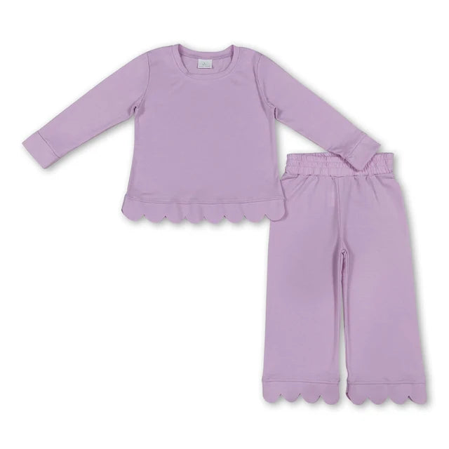 RTS NO MOQ Sibling cotton Baby Girls Solid Color Long Sleeve Top Pants Scallop Pajamas Clothes Sets Sleepwear Outfit