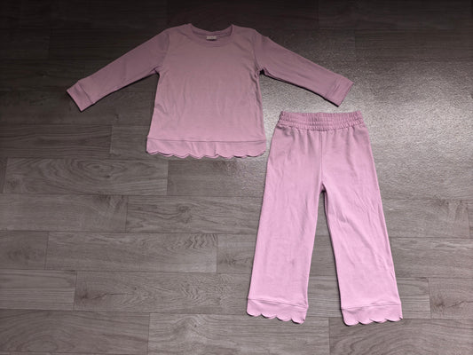 (Sample) No moq cotton GLP3289 Baby Girls Lavender Solid Scallop Trim Long Sleeve Top And Pants Two Piece Pajama Set