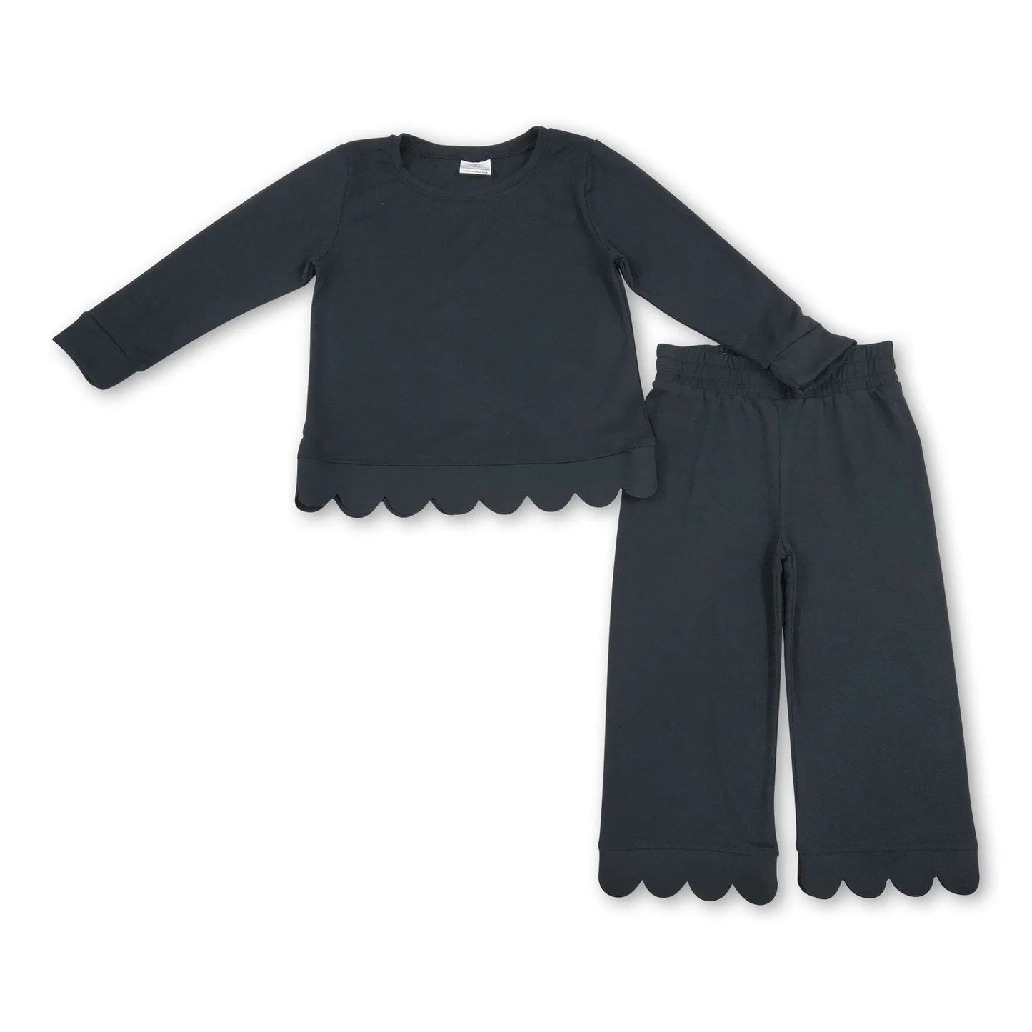 RTS NO MOQ Sibling cotton Baby Girls Solid Color Long Sleeve Top Pants Scallop Pajamas Clothes Sets Sleepwear Outfit