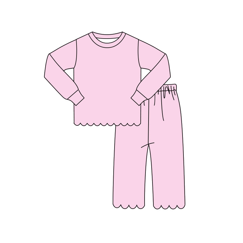 (Pre Order) No moq GLP3291 Baby Girls Pink Solid Scallop Trim Long Sleeve Top And Pants Two Piece Pajama Set