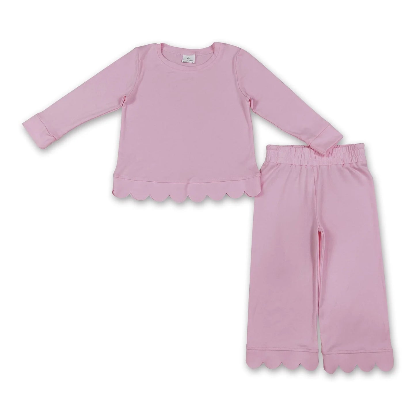 RTS NO MOQ Sibling cotton Baby Girls Solid Color Long Sleeve Top Pants Scallop Pajamas Clothes Sets Sleepwear Outfit