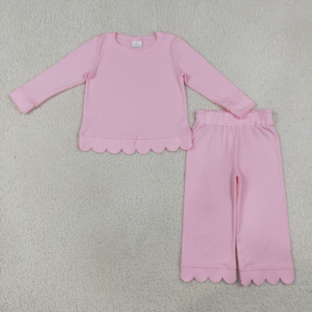 RTS NO MOQ Sibling cotton Baby Girls Solid Color Scallop Trim Long Sleeve Top And Pant Outfit Set