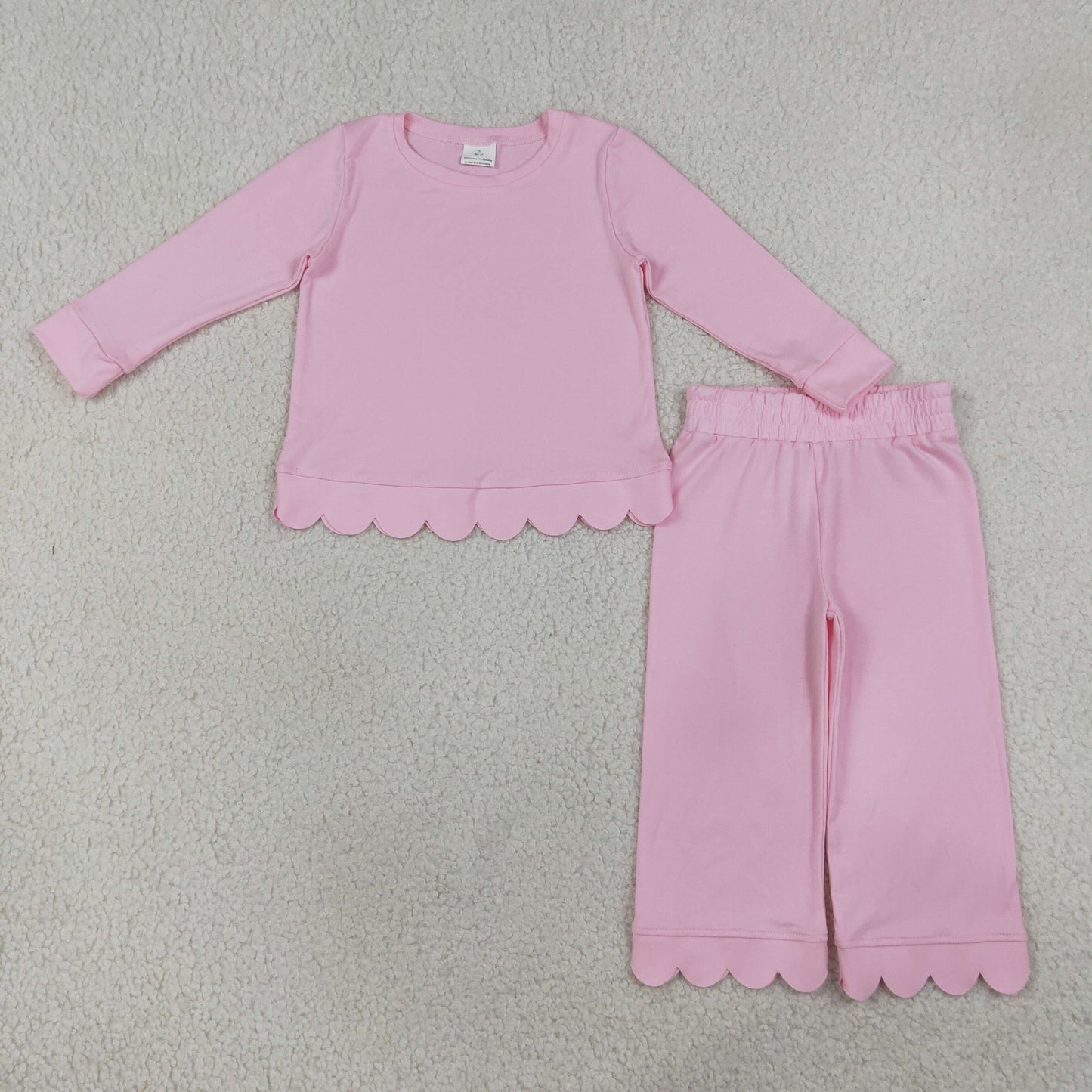 NEW RTS NO MOQ cotton GLP3291 Baby Girls Pink Solid Scallop Trim Long Sleeve Top And Pants Pajama Set