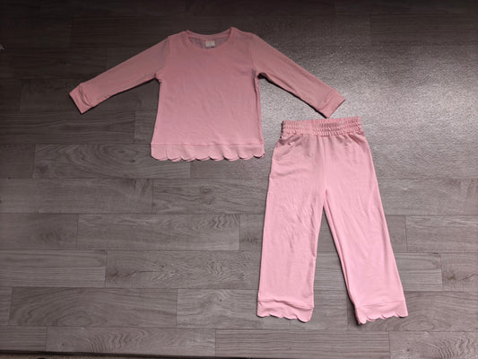(Sample) No moq cotton GLP3291 Baby Girls Pink Solid Scallop Trim Long Sleeve Top And Pants Two Piece Pajama Set