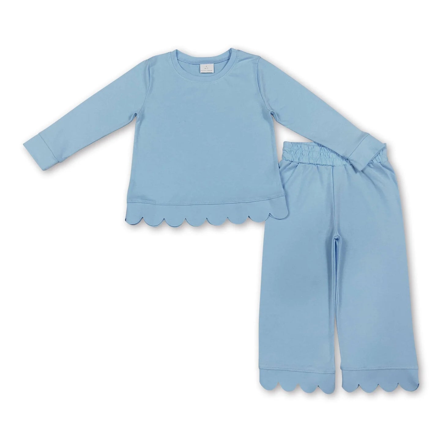 RTS NO MOQ Sibling cotton Baby Girls Solid Color Long Sleeve Top Pants Scallop Pajamas Clothes Sets Sleepwear Outfit