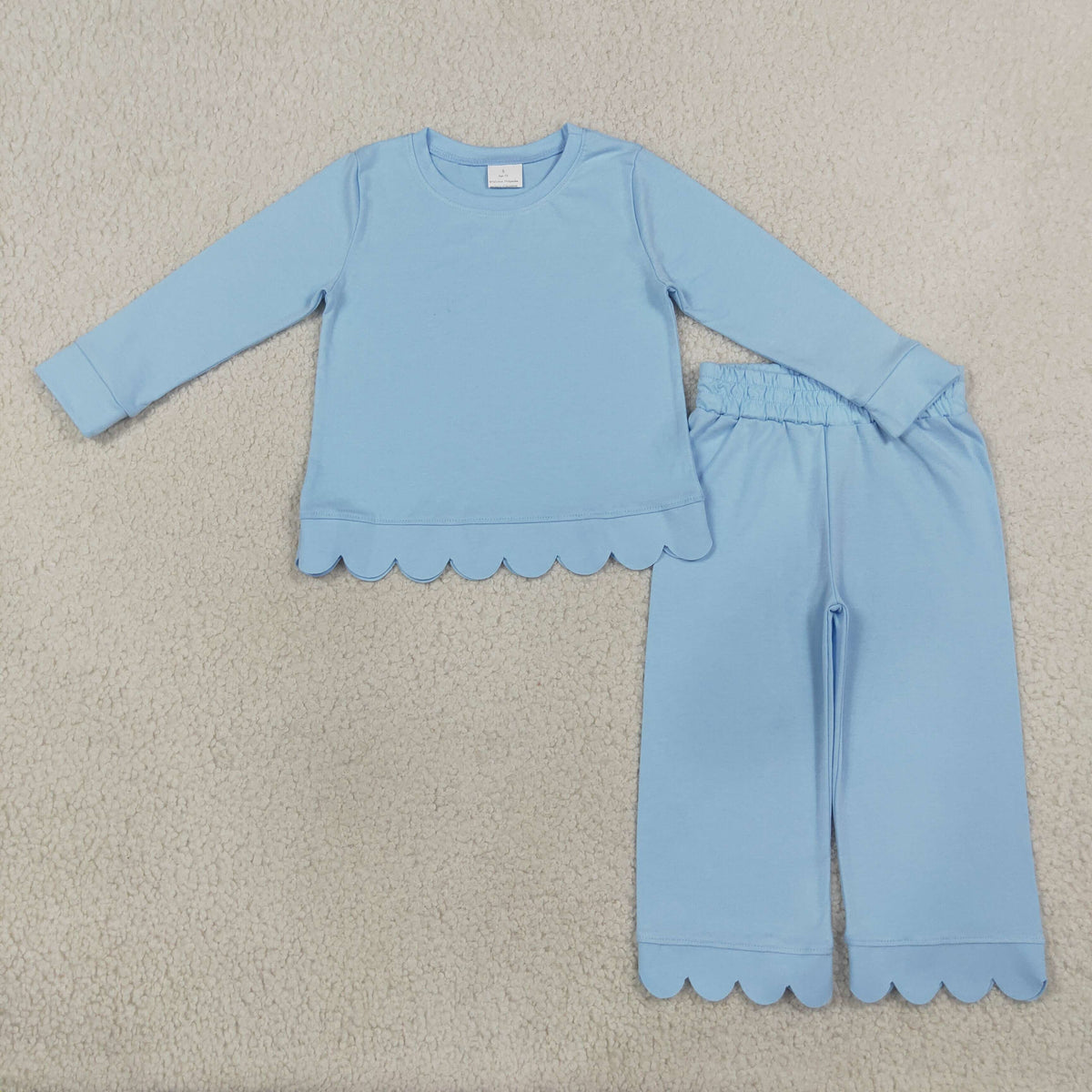 RTS NO MOQ Sibling cotton Baby Girls Solid Color Scallop Trim Long Sleeve Top And Pant Outfit Set