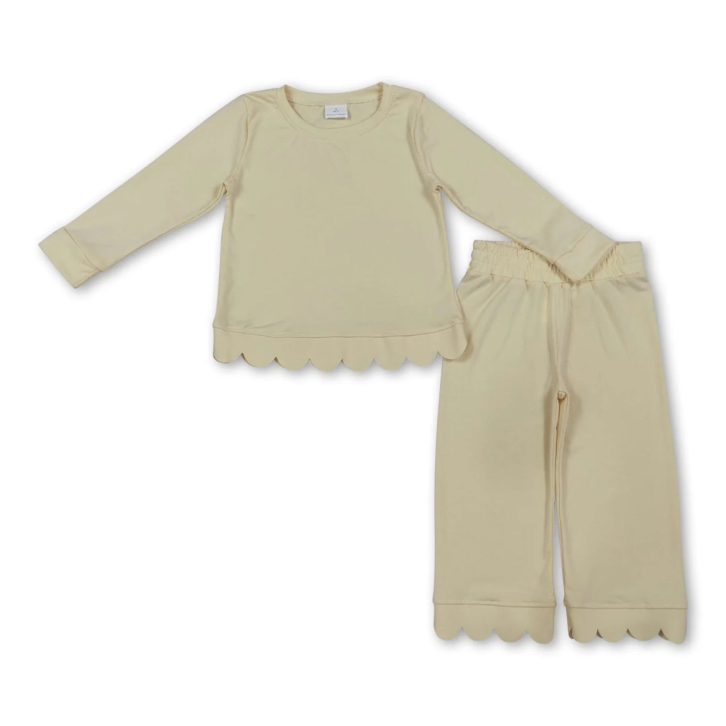 RTS NO MOQ Sibling cotton Baby Girls Solid Color Long Sleeve Top Pants Scallop Pajamas Clothes Sets Sleepwear Outfit