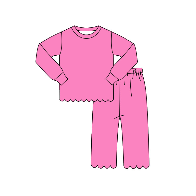 (Pre Order) No moq GLP3294 Baby Girls Solid Pink Scallop Edge Long Sleeve Tee Pants Soft Sleepwear Clothes Set