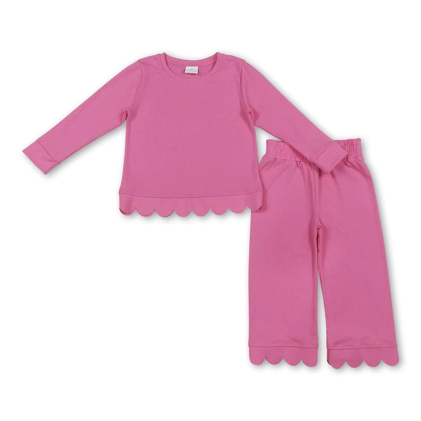 RTS NO MOQ Sibling cotton Baby Girls Solid Color Long Sleeve Top Pants Scallop Pajamas Clothes Sets Sleepwear Outfit