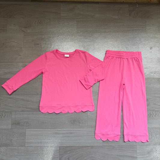 (Sample) No moq cotton GLP3294 Baby Girls Solid Pink Scallop Edge Long Sleeve Tee Pants Soft Sleepwear Clothes Set