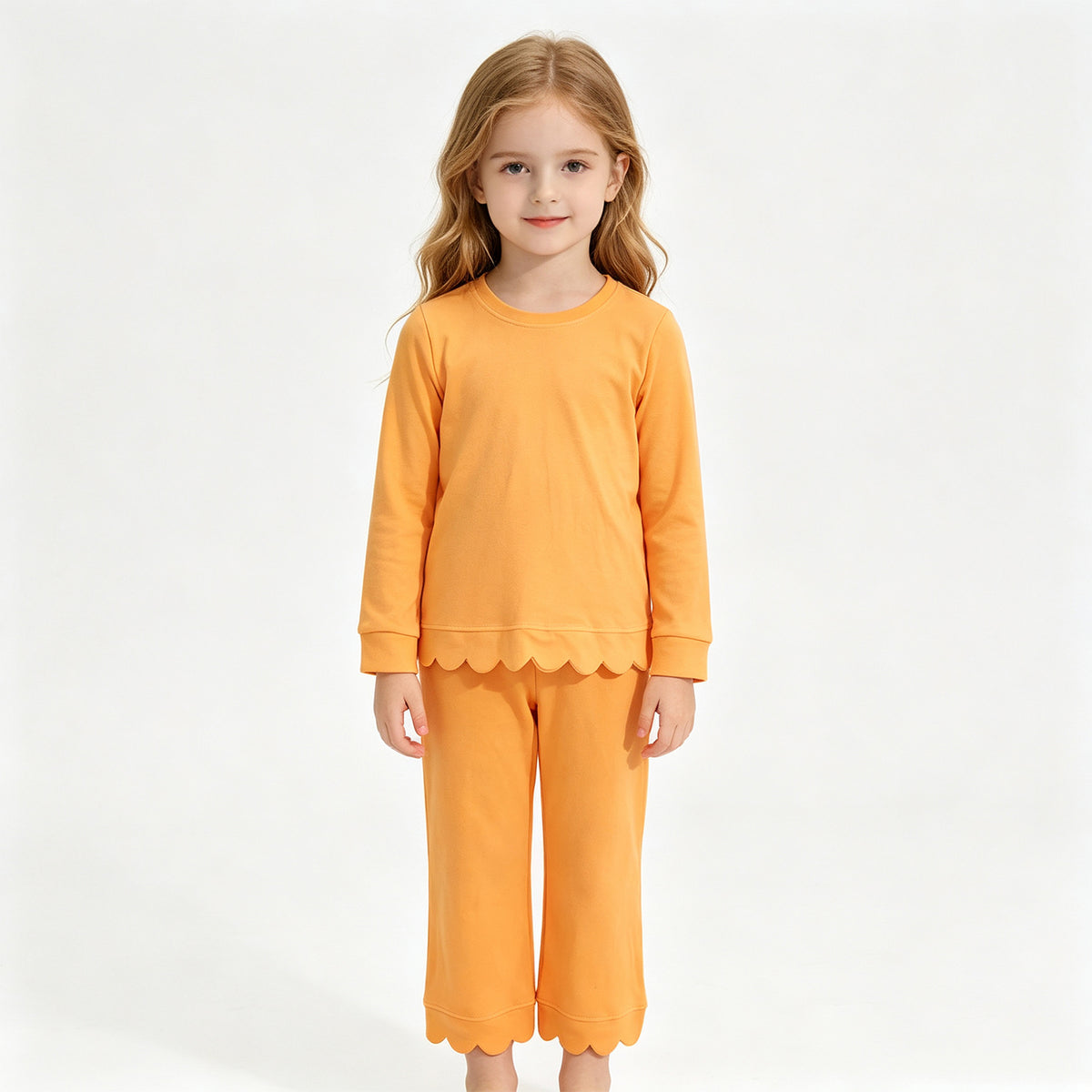 (Sample) No moq cotton GLP3295 Baby Girls Orange Scallop Trim Long Sleeve Top And Pants Two Piece Pajama Set