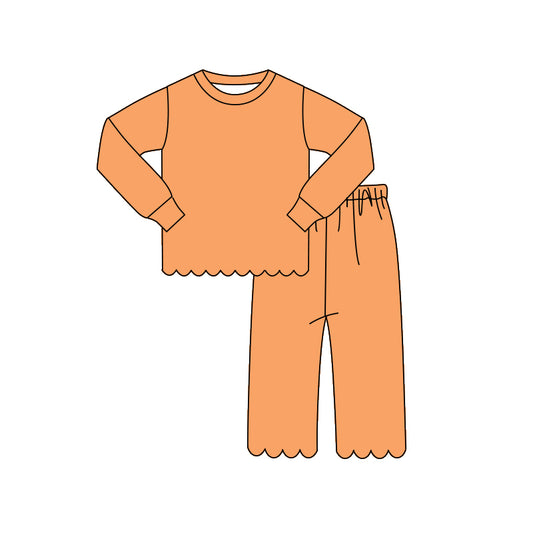 (Pre Order) No moq GLP3295 Baby Girls Orange Scallop Trim Long Sleeve Top And Pants Two Piece Pajama Set