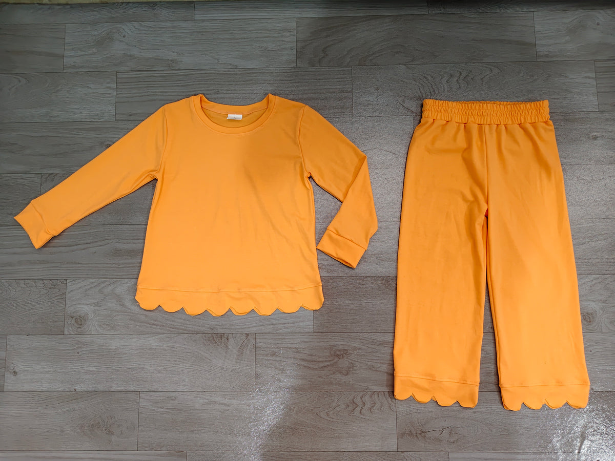 (Sample) No moq cotton GLP3295 Baby Girls Orange Scallop Trim Long Sleeve Top And Pants Two Piece Pajama Set