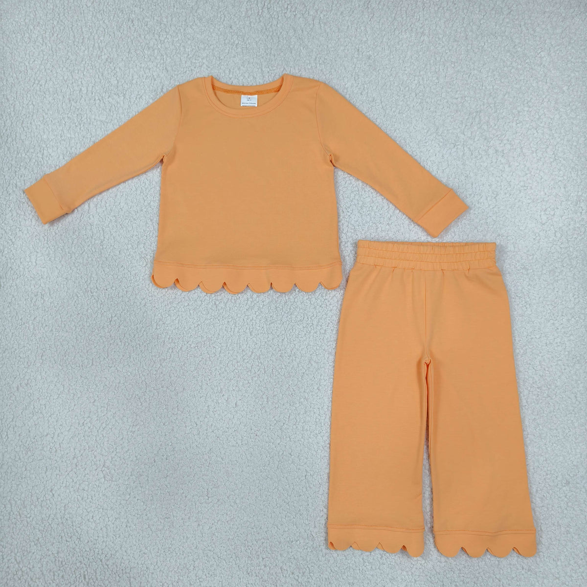 RTS NO MOQ Sibling cotton Baby Girls Solid Color Scallop Trim Long Sleeve Top And Pant Outfit Set
