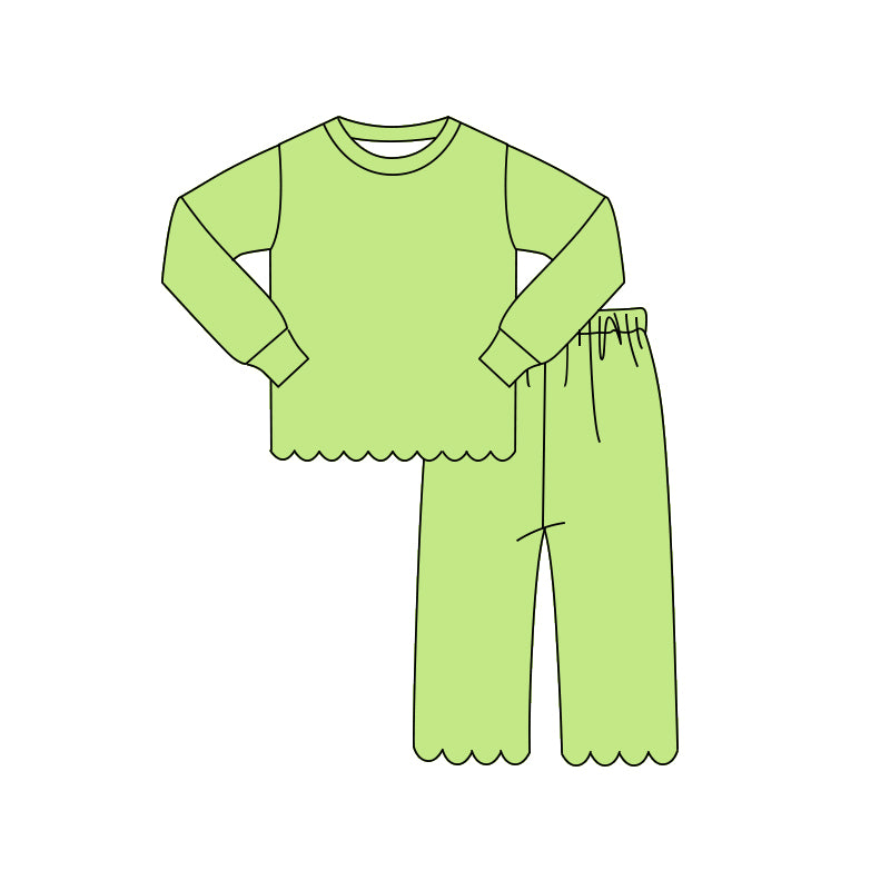 (Pre Order) No moq GLP3296 Baby Girls Green Scallop Trim Long Sleeve Top And Pants Two Piece Pajama Set