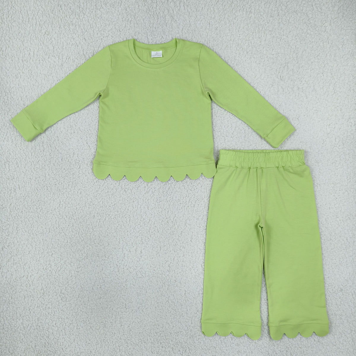 RTS NO MOQ Sibling cotton Baby Girls Solid Color Scallop Trim Long Sleeve Top And Pant Outfit Set