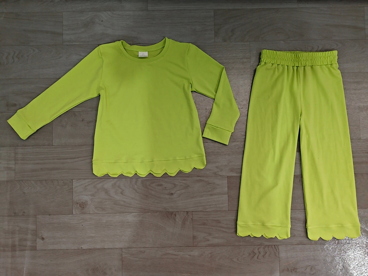 (Sample) No moq cotton GLP3296 Baby Girls Green Scallop Trim Long Sleeve Top And Pants Two Piece Pajama Set