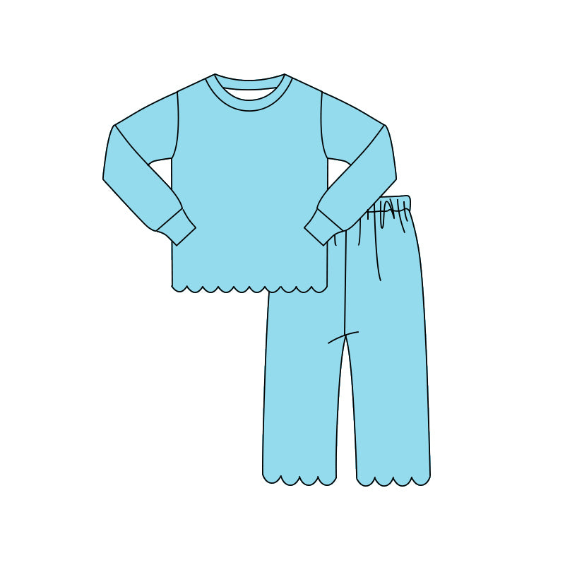 (Pre Order) No moq GLP3297 Baby Girls Blue Solid Scallop Trim Long Sleeve Top And Pants Two Piece Pajama Set