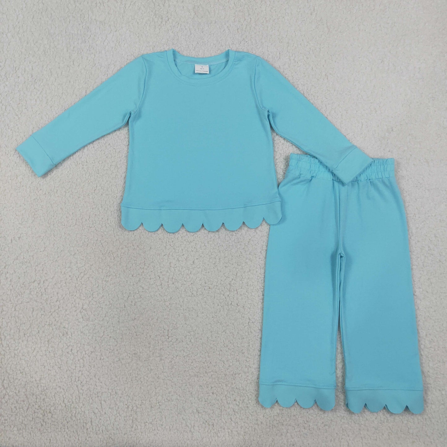 NEW RTS NO MOQ milk silk GLP3297 Baby Girls Blue Long Sleeve Top Pants Scallop Pajamas Clothes Sets
