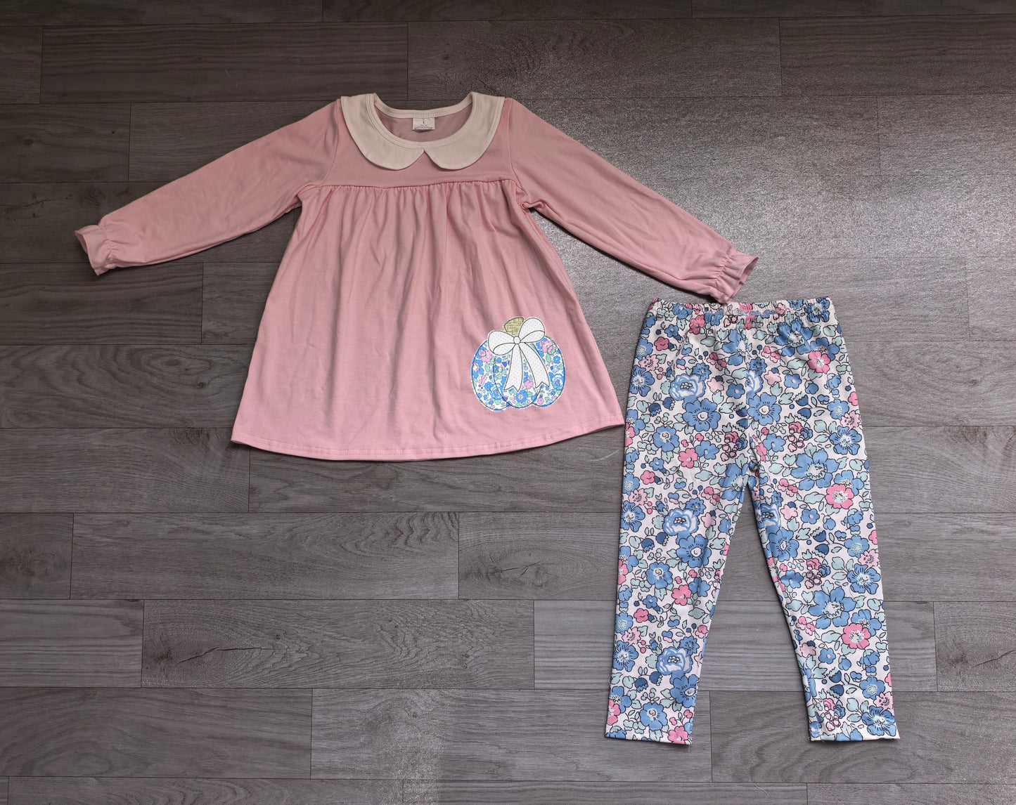 (Sample) No moq milk silk GLP3319 Embroidery Toddler Girls Floral Pumpkin Print Collared Tunic Long Legging Two Piece Fall Outfit Set