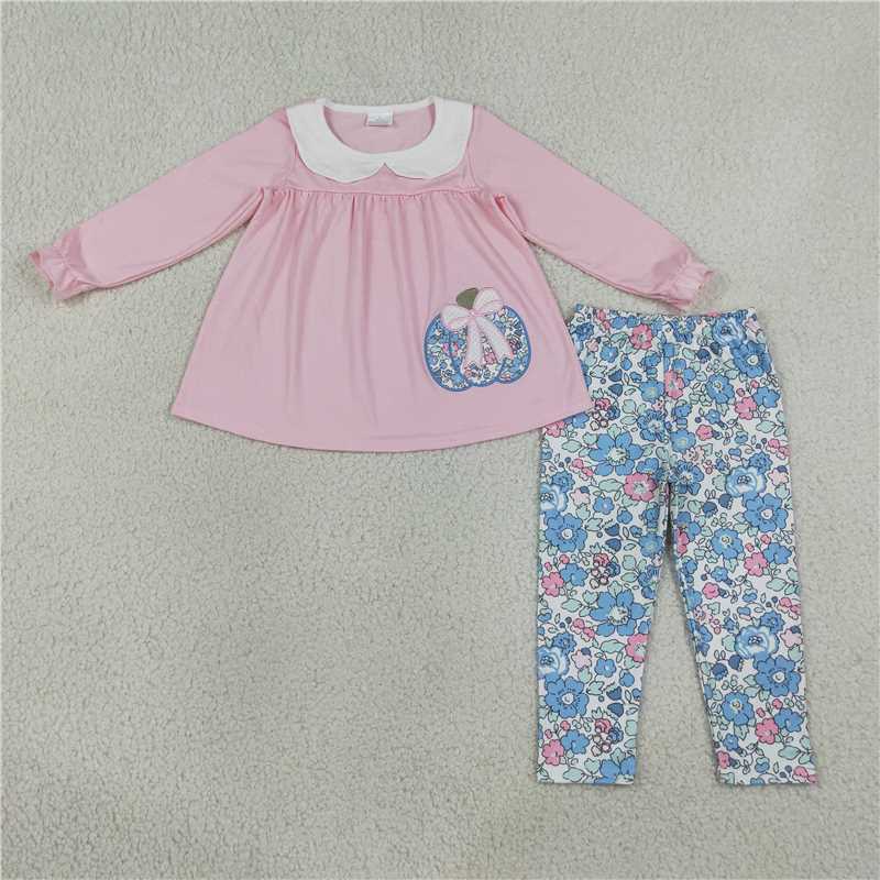 RTS NO MOQ Sibling milk silk Embroidery Baby Girls Pink Floral Pumpkin Top And Floral Print Pants Set With Matching Baby Ruffle Romper