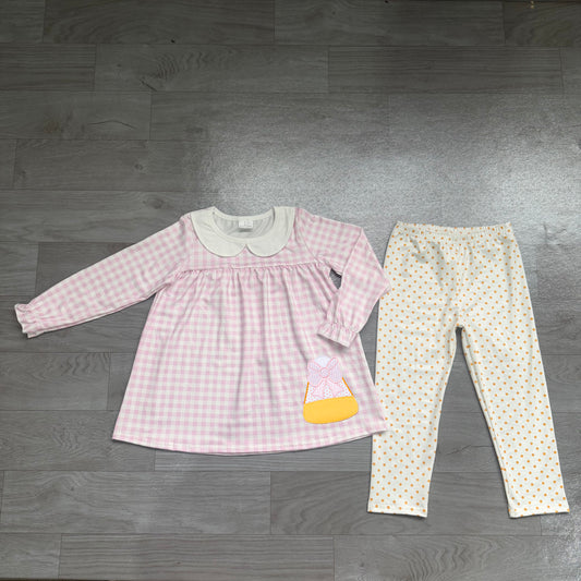 (Sample) No moq milk silk GLP3320 Embroidery Baby Girls Pink Checked Candy Collar Long Sleeve Tunic Top Leggings Two Piece Halloween Outfit Set