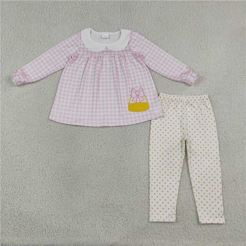 RTS NO MOQ Sibling milk silk Embroidery Bow Candy Baby Girls Pink Check Tunic And Leggings Clothes Set Rompers