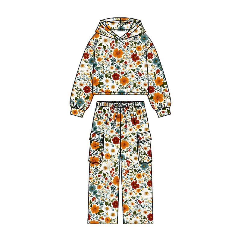 (Pre Order) No moq GLP3321 Baby Girls Colorful Flowers Pocket Hoodie Pant Clothes Set