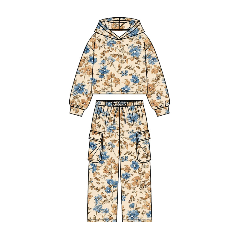 (Pre Order) No moq GLP3323 Toddler Girls Colorful Floral Print Zip Hoodie With Pockets Straight Leg Pants Two Piece Outfit Set