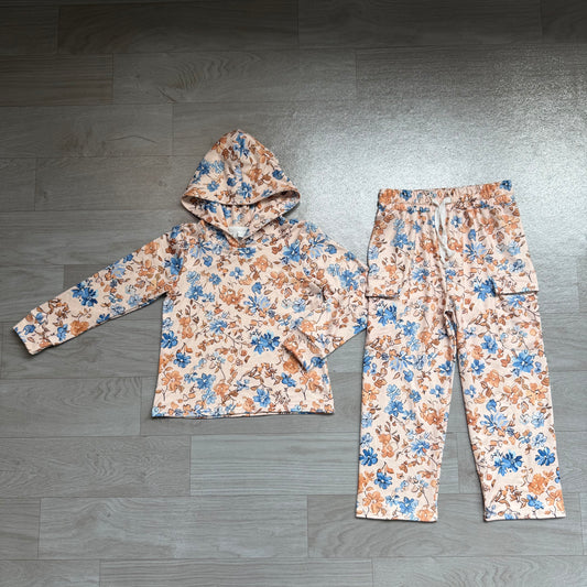(Sample) No moq milk silk GLP3323 Toddler Girls Colorful Floral Print Zip Hoodie With Pockets Straight Leg Pants Two Piece Outfit Set