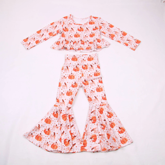 (Pre Order) No moq GLP3333 Baby Girls Pumpkin Print Long Sleeve Top And Bell Bottom Pants Clothing Set