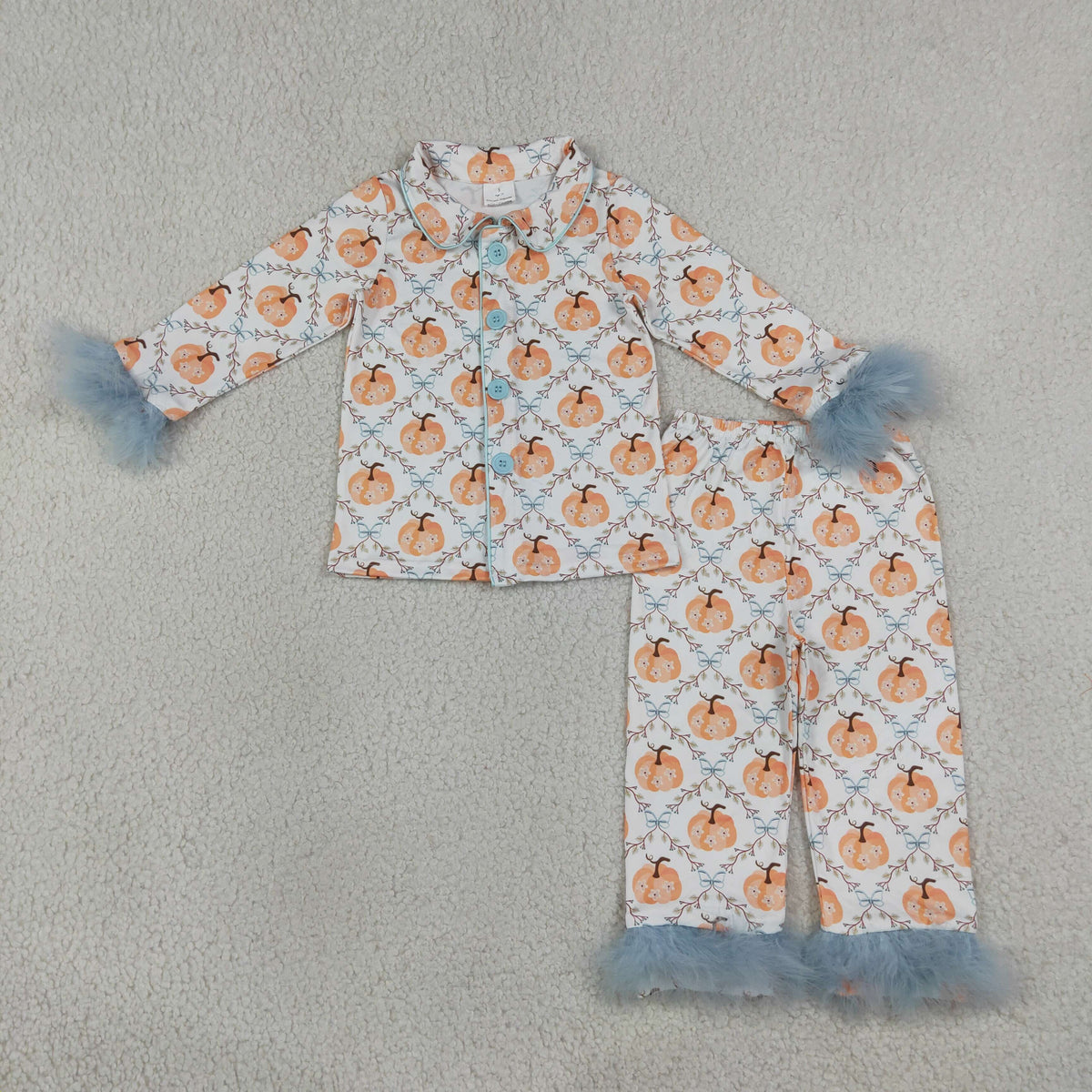 NEW RTS NO MOQ milk silk GLP3338  Baby Girls Floral Pumpkin Print Button Front Long Sleeve Top Elastic Waist Pants Fur Pajama Set
