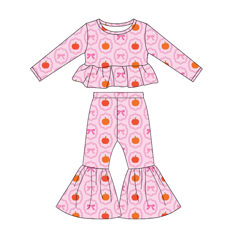 (Pre Order) No moq Toddler Girls Cute Bows Pumpkin Print Bell Bottom Pant Fall Set