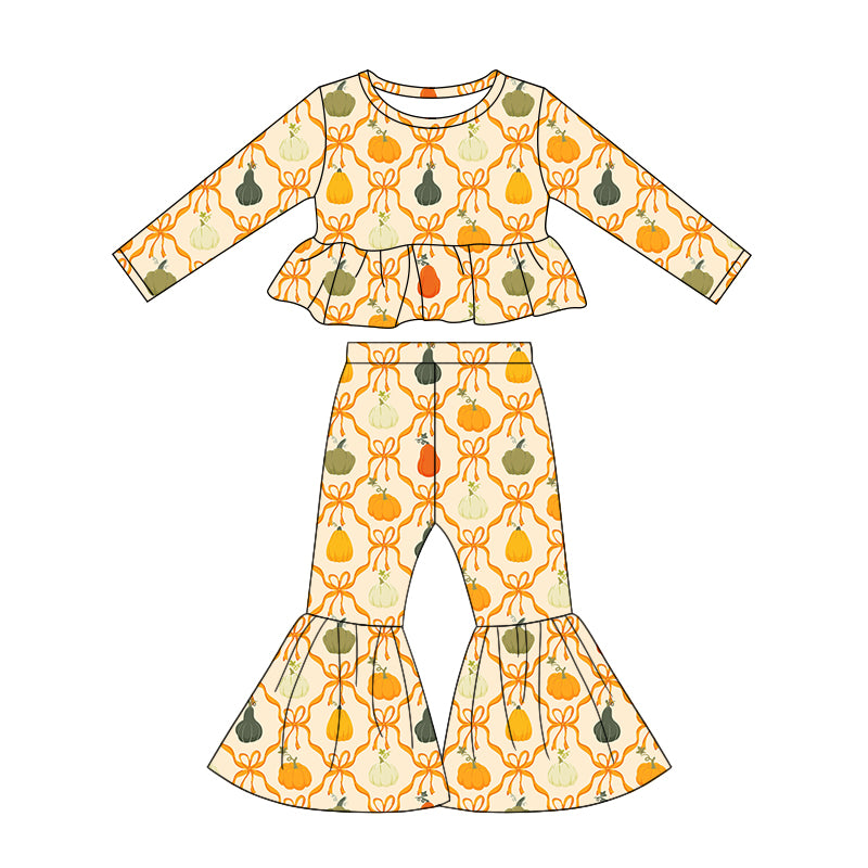 (Pre Order) No moq Toddler Girls Cute Bows Pumpkin Print Bell Bottom Pant Fall Set