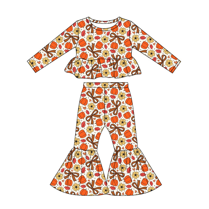 (Pre Order) No moq Toddler Girls Cute Bows Pumpkin Print Bell Bottom Pant Fall Set