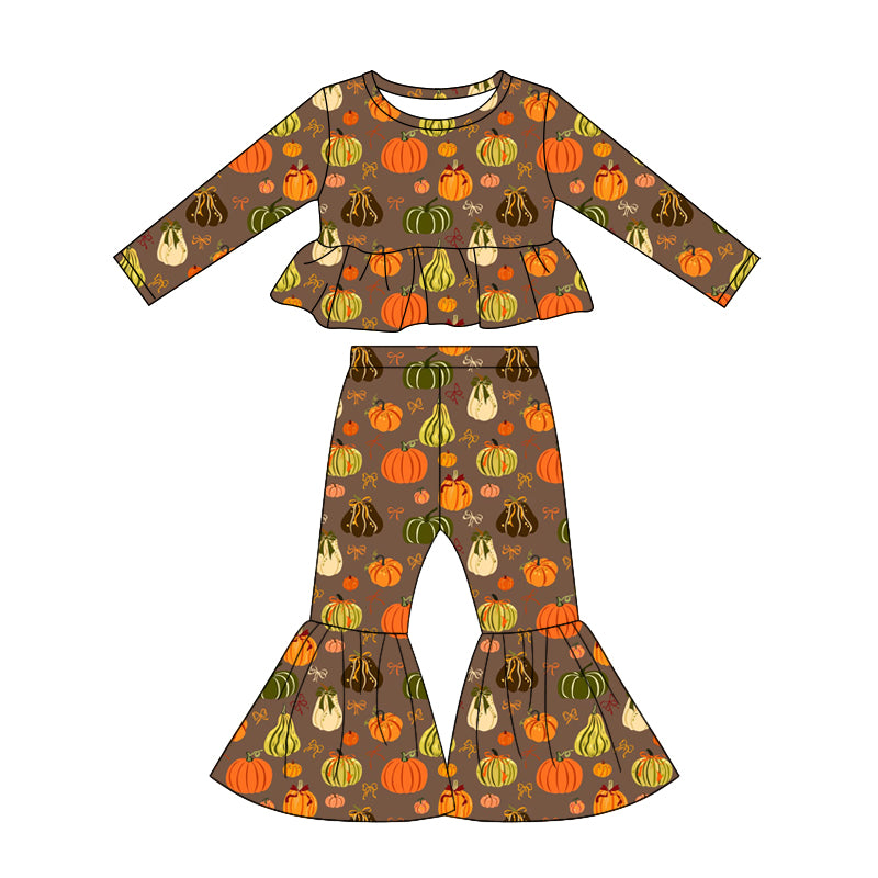 (Pre Order) No moq Toddler Girls Cute Bows Pumpkin Print Bell Bottom Pant Fall Set